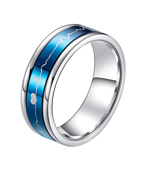 PAURO Stainless Steel 7MM EKG Heartbeat Spinner Ring Band for Men and Women- Black Blue - titanium - CF186ND457U