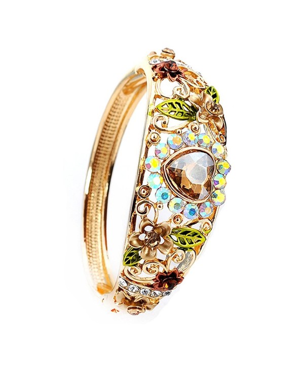 Women Heart Austrian Crystal Enamel Rose Flower Leaf Bangle Bracelet Gold Plated 5 colors - Yellow - CT1855HAYCH