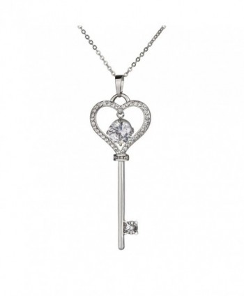 SCIONE Round Cz Crystal Heart Key Pendant Necklace with Roll Chain 18'' - CK12NYEU926