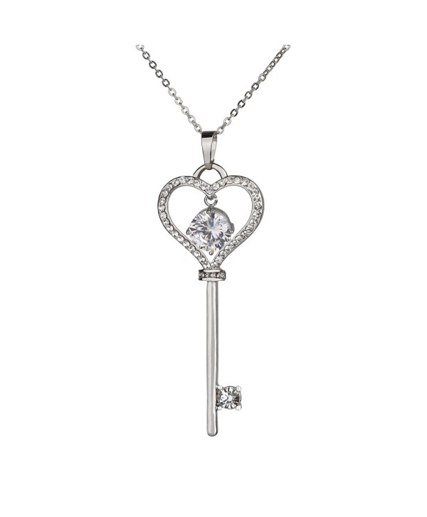 SCIONE Round Cz Crystal Heart Key Pendant Necklace with Roll Chain 18'' - CK12NYEU926