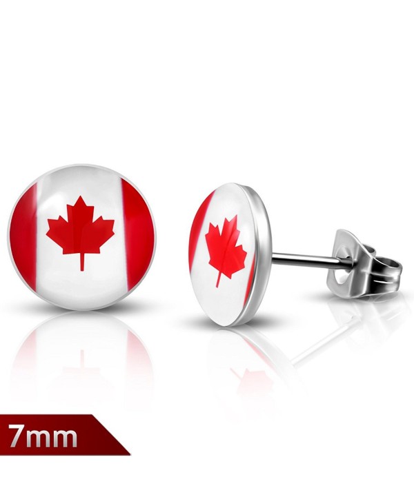 7mm | Stainless Steel Flag Of Canada Circle Stud Earrings (pair) - LEB203 - CM12NAZX5WS
