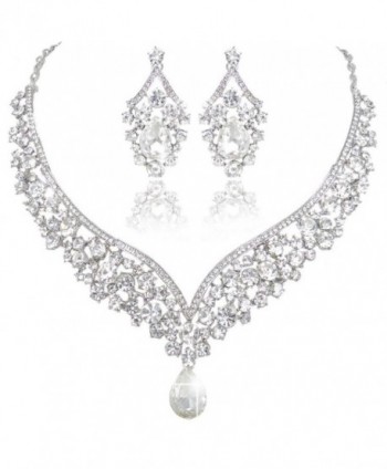 EVER FAITH Austrian Crystal Elegant V-shaped Teardrop Necklace Earrings Set - Clear Silver-Tone - CR11GQKCC8D