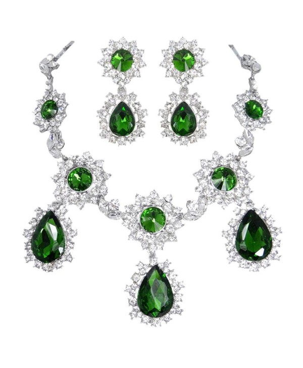 EVER FAITH Silver-Tone Teardrop Sunflower Emerald Color May birthstone Necklace Earring Set - CS11DK96CU7