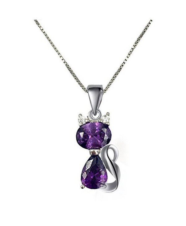 DreamsEden 18'' Silver Box Chain Women's Amethyst Cat Pendant Necklace- Purple (Gift Box & Greeting Card) - CP11XFTSKGB