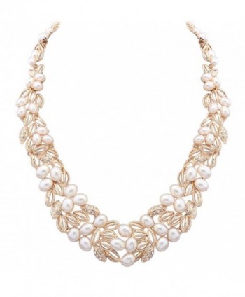 Wedding Bridal Statement Necklace Pearl Floral Leaf Branch Layer Bib Collars - gold - CH12LM9HMF5