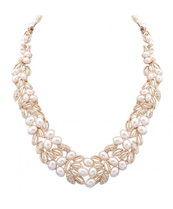 Wedding Bridal Statement Necklace Pearl Floral Leaf Branch Layer Bib Collars - gold - CH12LM9HMF5