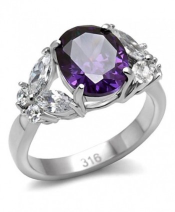 Stainless Steel Faceted Purple Oval Cubic Zirconia and Clear Butterfly Accent Ring - CW11KTIA6R1