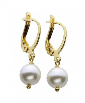 Gold-Plated Sterling Silver Leverback Earrings 8mm Simulated Pearl Made with Swarovski Crystals - C011NXISM2V