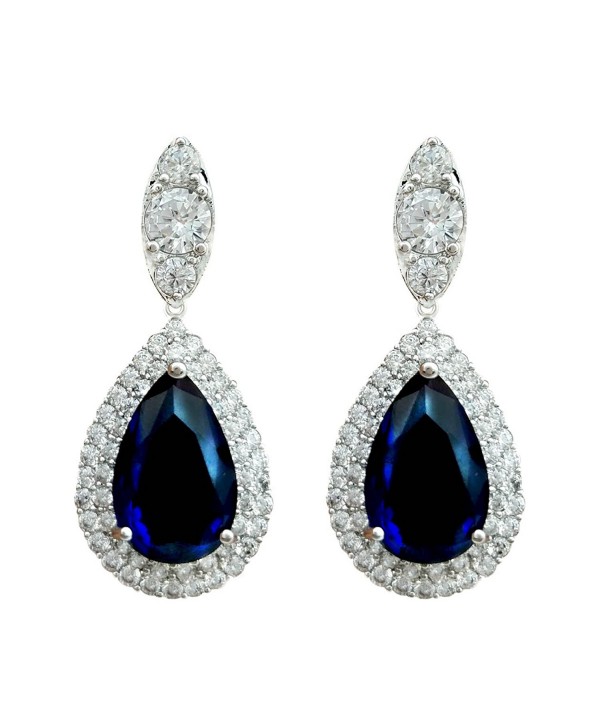 SELOVO Women Teardrop Royal Blue Sapphire Color Dangle Earrings Cubic Zirconia Silver Tone - CV12IXUNI8L