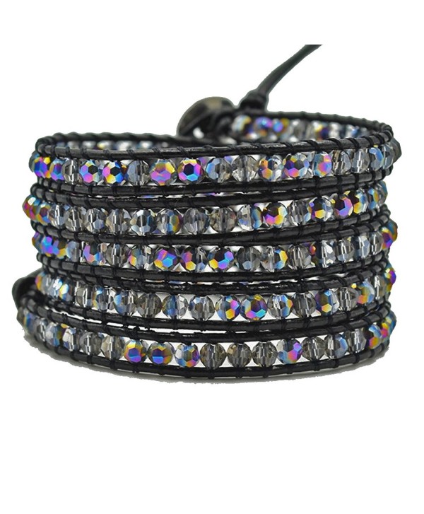 Multi-layer Braided Leather Wrap Bracelet with Sparkly Faceted Crystal Beads - 5 Wrap Multi-color - CE189TQ5KT2