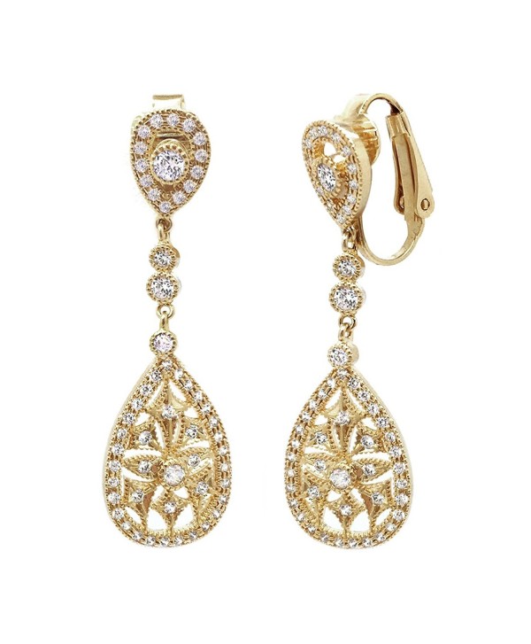 Sparkly Bride CZ Clip On Earrings Wedding Vintage Cutout Teardrop 1.75 in - Yellow - CO12GHS40HT