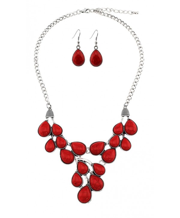 Stone Teardrop Cabochon Bib Necklace With Matching Earrings - Red - CI12IRP6DXT