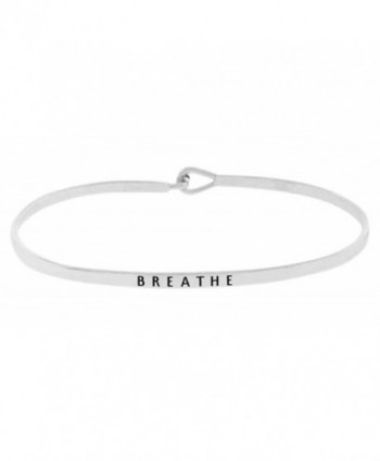 Inspirational "BREATHE" Positive Message Engraved Thin Brass Bangle Hook Bracelet - Silver Tone - CS12O8IUFQU