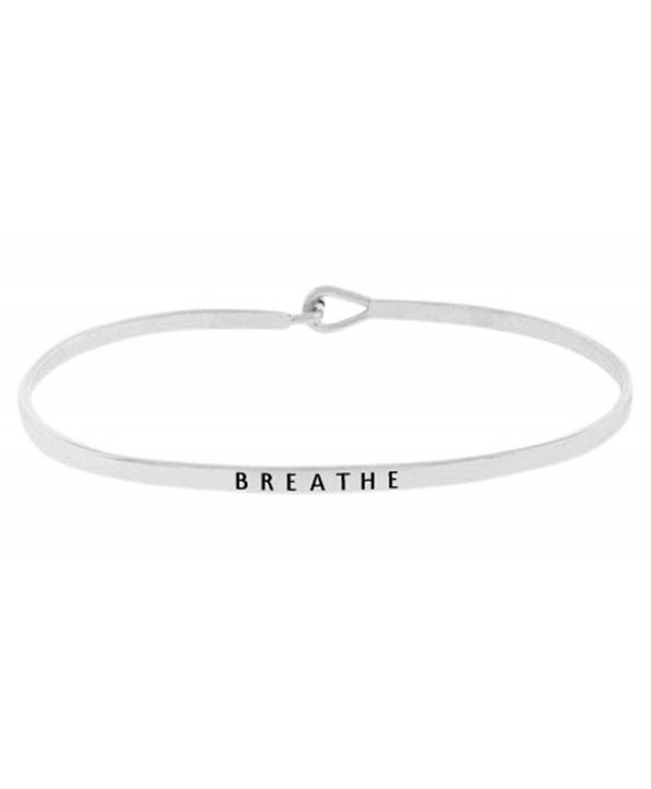 Inspirational "BREATHE" Positive Message Engraved Thin Brass Bangle Hook Bracelet - Silver Tone - CS12O8IUFQU