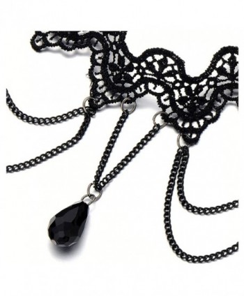 Gothic Style Ladies Black Lace Choker Necklace with Black Teardrop Bead Charm Pendant - CV12D2IW9S9