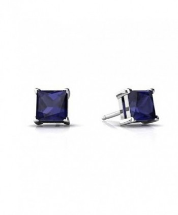 Solitaire Stud Post Earring Princess Cut Simulated Deep Blue Sapphire 925 Sterling Silver - C012MYYQTD5