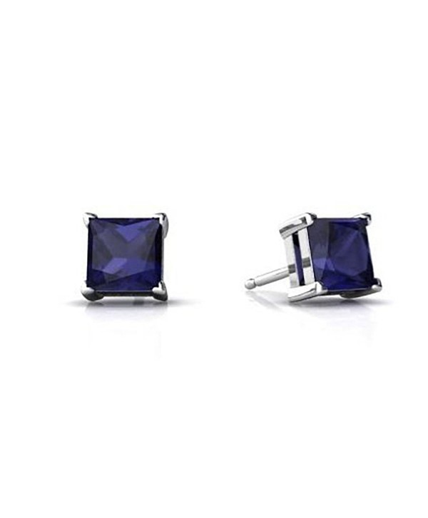 Solitaire Stud Post Earring Princess Cut Simulated Deep Blue Sapphire 925 Sterling Silver - C012MYYQTD5