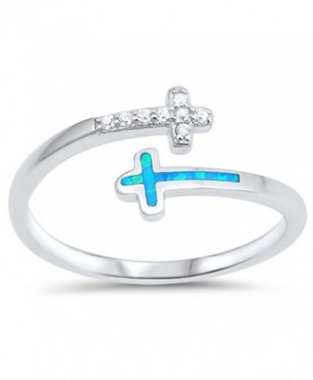 CHOOSE YOUR COLOR Sterling Silver Open Cross Ring - Light Blue Simulated Opal - CQ12N4Y6AT3