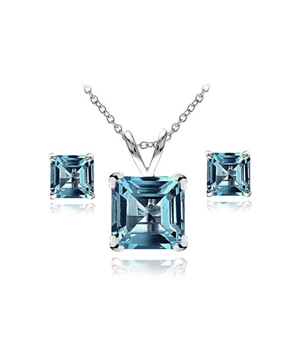 Sterling Silver London or Swiss Blue Topaz Square Solitaire Necklace and Stud Earrings Set - London Blue Topaz - CB12N83BYT6