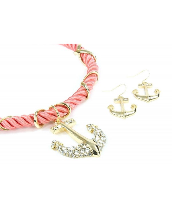 Anchor Necklace & Earring Set-Clear Crystal/Rich Sofe Silk Cord-Navy Blue/Standard 16"+2"extension - Pink - C311GAVWECB