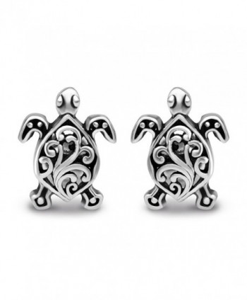 925 Oxidized Sterling Silver Small Little Filigree Sea Turtle 11 mm Post Stud Earrings - CU11WYKU191