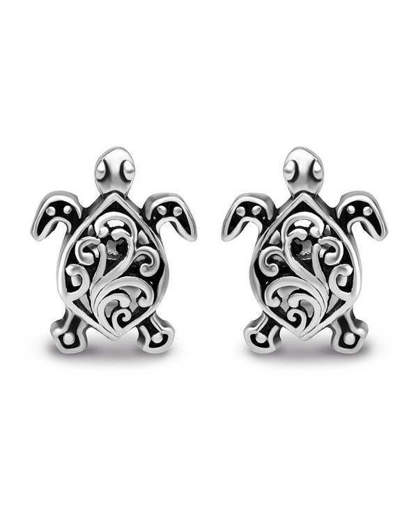 925 Oxidized Sterling Silver Small Little Filigree Sea Turtle 11 mm Post Stud Earrings - CU11WYKU191