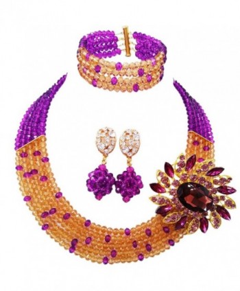 aczuv 5 Rows Women's Fashion African Beads Nigerian Necklace Bridal Wedding Jewelry Sets - Purple Champagne Gold - C8184TNY258