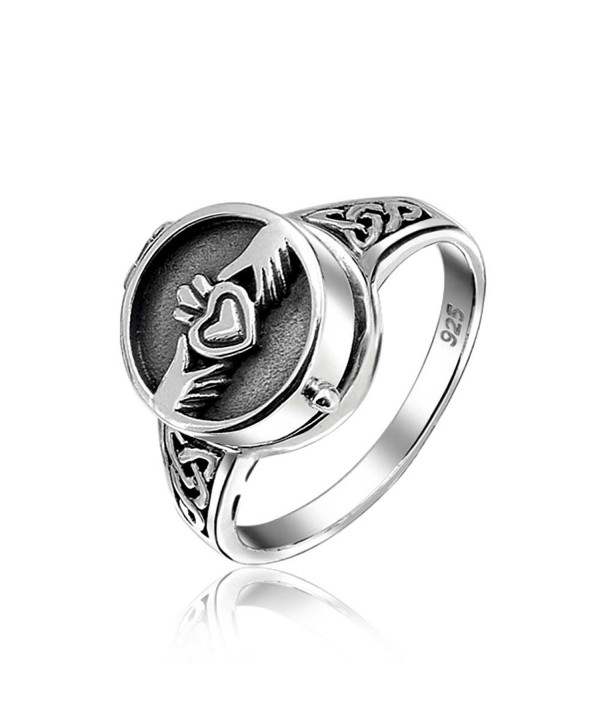 Irish Claddagh Locket Celtic Knot Band Sterling Silver Poison Ring - CX11B1WIKQJ