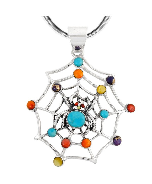 Spider Web in Turquoise & Gemstones Pendant Necklace 925 Sterling Silver (18" Length) - Multi-Gemstones - CI1879L7Y09