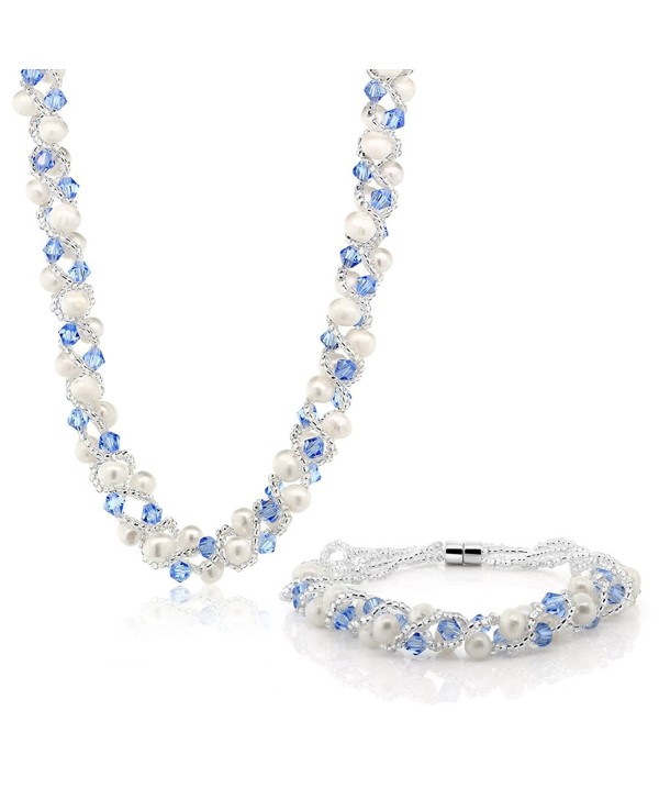 17 Inch White Cultured Freshwater Pearl & Blue Crystal Mash Necklace + Bracelet 6.5 Inch - CZ1189VABRZ