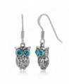 925 Oxidized Sterling Silver Greenish Blue Eye CZ Stone 2-D Wisdom Owl Dangle Hook Earrings 1.2" - CQ12I6MS2R3