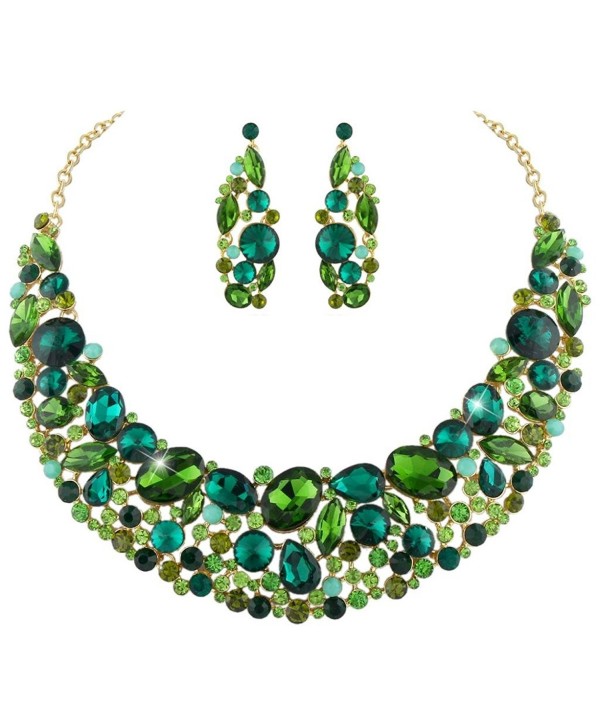 EVER FAITH Elegant Flower Oval Necklace Earrings Set Austrian Crystal Gold-Tone - Green - CL11OKP8R99