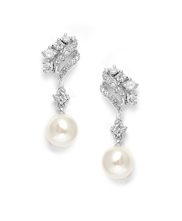 Mariell Graceful Cubic Zirconia and Ivory Glass Pearl Drop Wedding Bridal Earrings with Vintage Styling - CP121KHH5IN