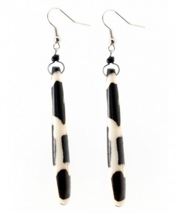 Maisha Beautiful African Fair Trade Black & Off White Giraffe 3.5" Long up Cycled Batiked Bone Earrings - CI11DGW15PP