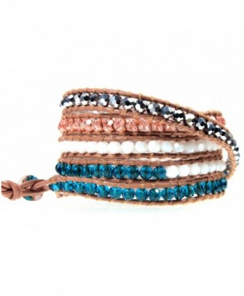 39" Azura Colorful Beaded Tan Leather Wrap Bracelet Adjustable 5x Wrap in Gift Box - CK116SK3OY7
