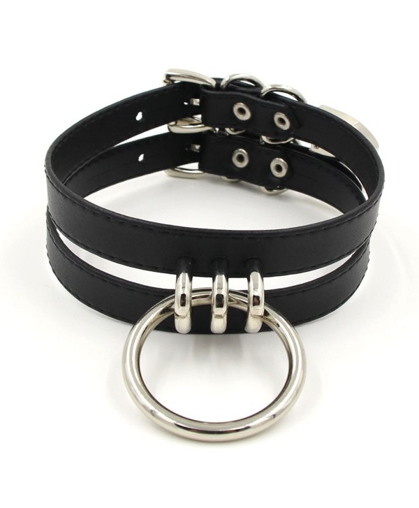 Handmade Women Faux Leather Double Straps O Ring Choker Necklace - Black with silver alloy - CU12L51NJJN