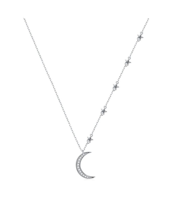 S925 Sterling Silver Crescent Moon and Star Jewelry CZ Pendant Necklace-Rolo Chain-18+2" - C0185A804IC