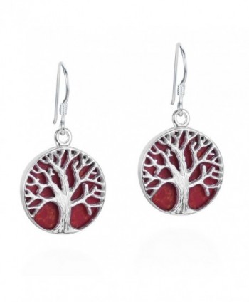 Mystical Tree of Life Reconstructed Red Coral Inlay .925 Sterling Silver Dangle Earrings - CD11OP8BGJ9