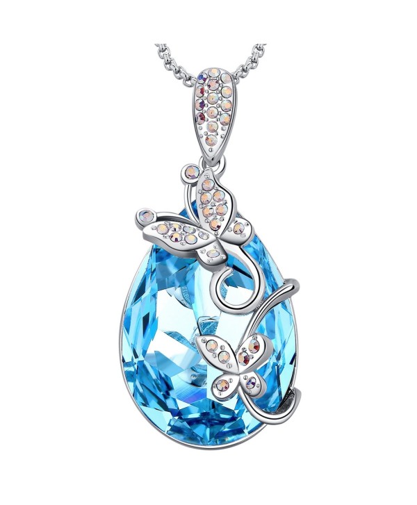 MEGA CREATIVE JEWELRY Aquamarine Butterfly Teardrop Pendant Women Necklace with Swarovski Crystals Gift - C718676GMTC