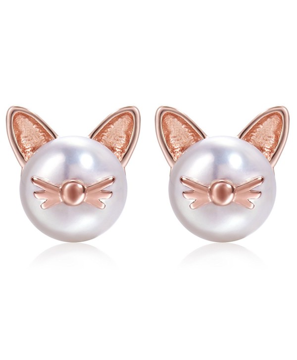 Meow Star Pearl Cat Whisker Stud Earrings Sterling Silver Freshwater Cultured Pearl Ear Studs - rose gold - CF186ZHME0G
