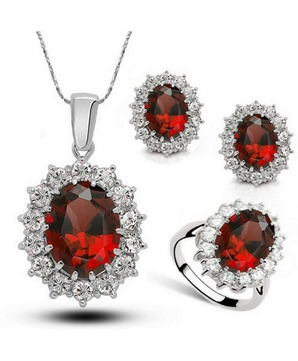 Fancy Austria Crystal Necklace Ring Earrings Jewelry Set Ruby - Ring Size 8 - CJ12I9RODWN