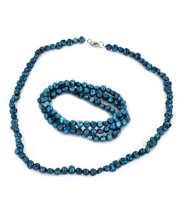 Women's Freshwater Pearl Beaded Necklace and 3 Piece Stretch Bracelet Set - Blue - C3128WDC51F