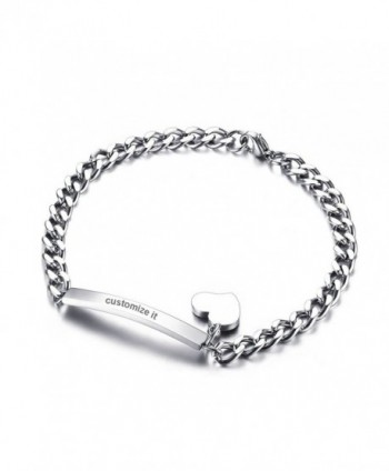 Free Engraving-Stainless Steel Thin ID Tag Chain Bracelets with Small Heart Charm for Women-7.8" - CM1885LGOQI