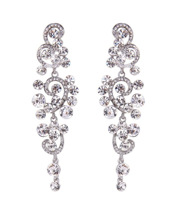 BriLove Women's Bohemian Boho Wedding Bridal Crystal Floral Chandelier Hollow Dangle Earrings - Clear Silver-Tone - CL12FXV438H