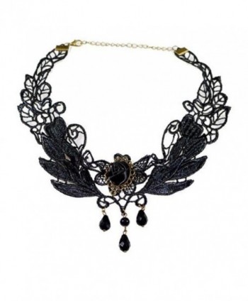 Kingfansion Black Rose Flower Lace Gothic Beads Pendant Choker Necklace - CB12B9WM0QV
