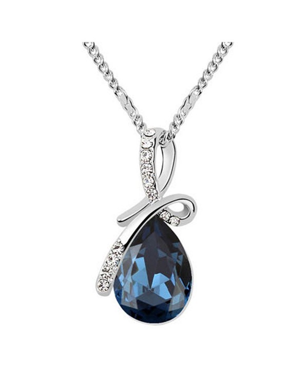 Sojewe Silver tone Bow Teardrop Pendant Necklace Navy Blue Swarovski Elements Crystal 18" Chain for Women - CT11ZJRWML1