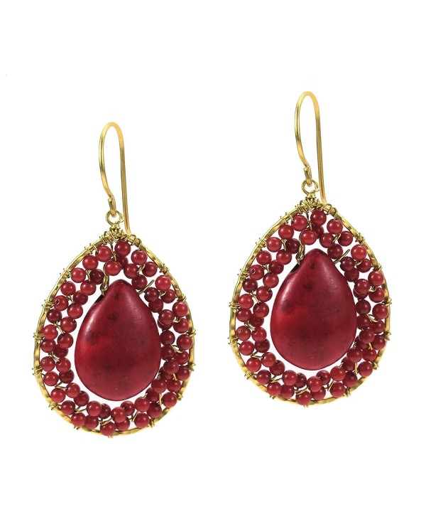 Mosaic Teardrop Reconstructed Red Coral Stone Handmade Brass Earrings - CM11N1ZK247