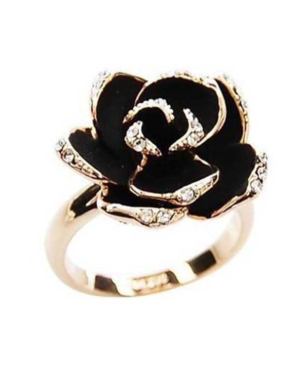 18K Gold Plated CZ Shining Black Rose Flower charm Women Open Adjustable Band Ring - CB1879KUKRA