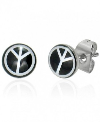 7mm Stainless Steel Peace Sign Black and White Small Stud Earrings - CR11GVWHXSF