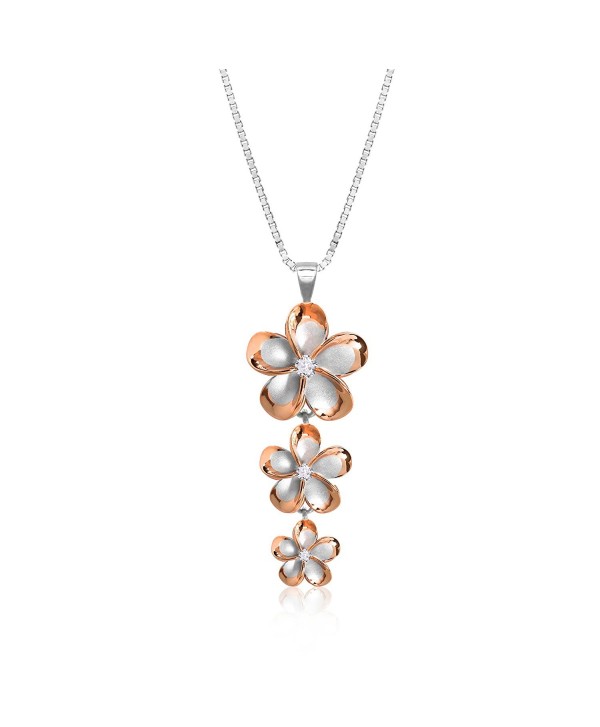 Sterling Silver with 14k Rose Gold Plated Trim Three Plumeria CZ Necklace with 18" Box Chain - CU1178O8TLP
